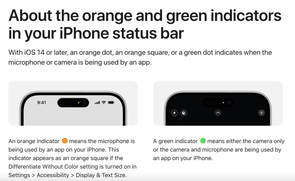 Apple website screenshot talking about the orange and green dot on iPhone 